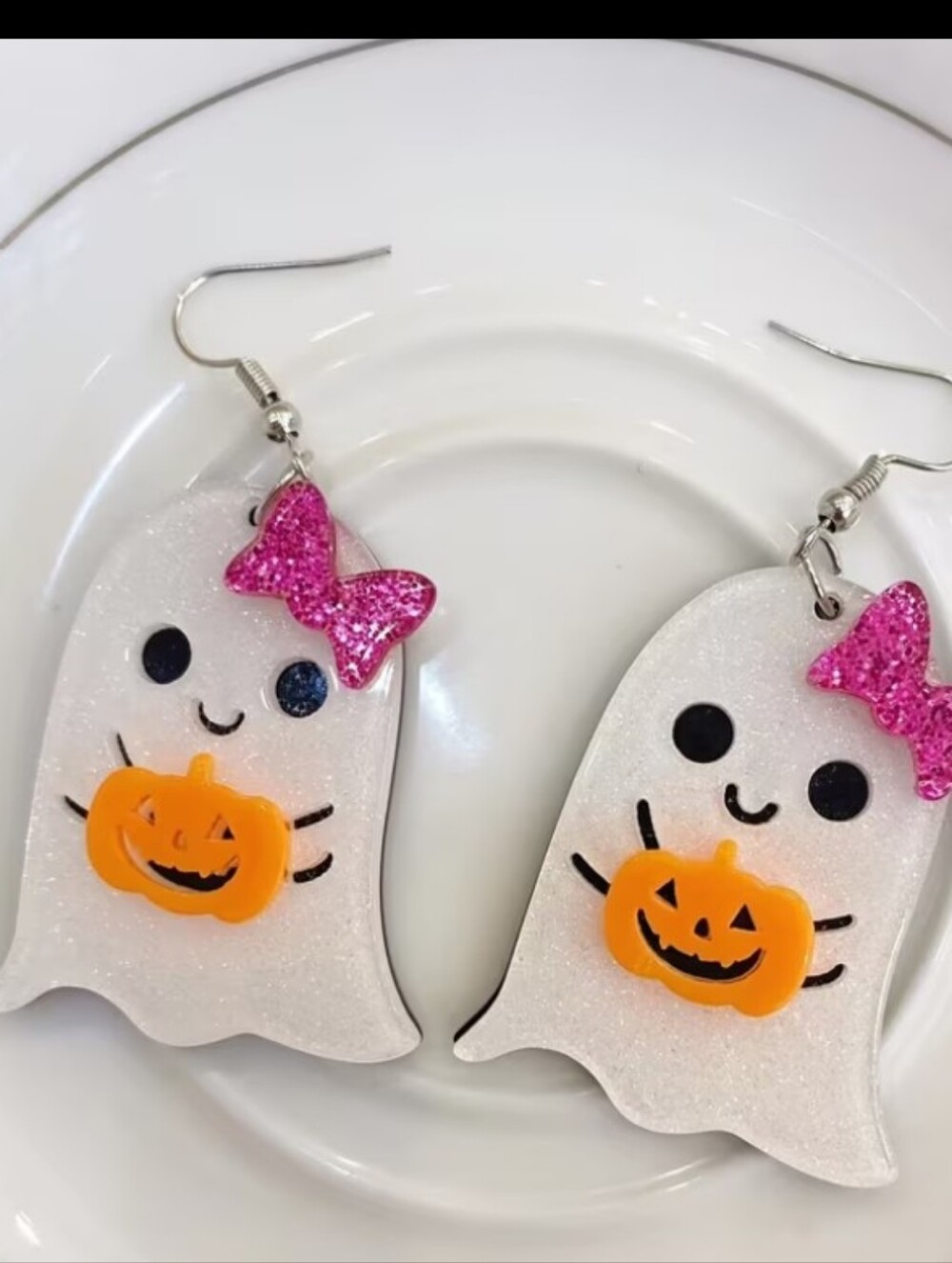 Cute Ghost Halloween Earrings with Pink Glitter Bow